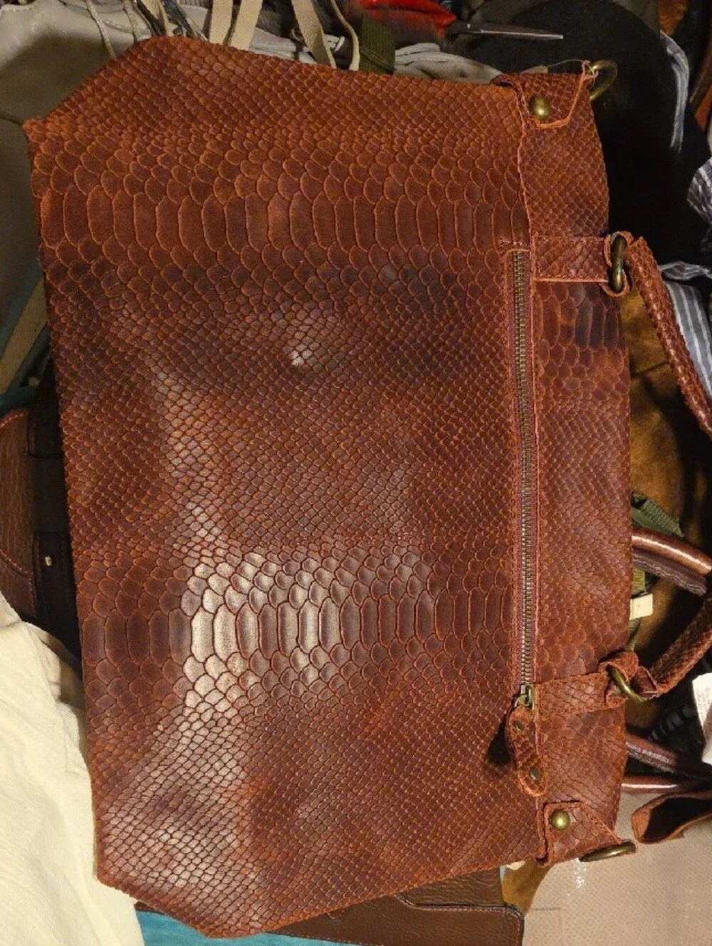 Men's Cognac Textured Leather Messenger Bag with Turn-Lock
